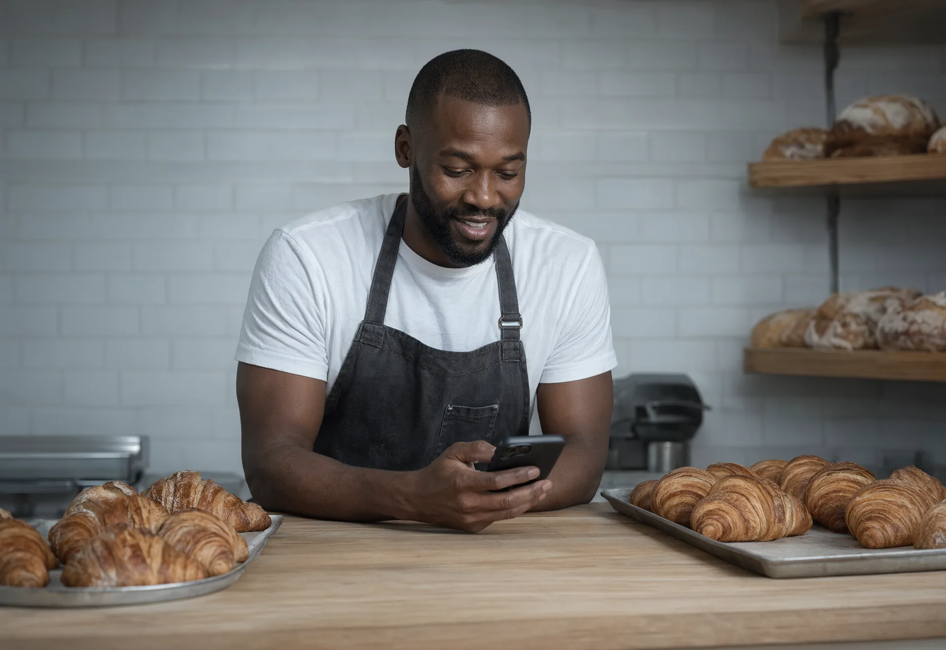 A bakery owner glancing at his phone behind the counter